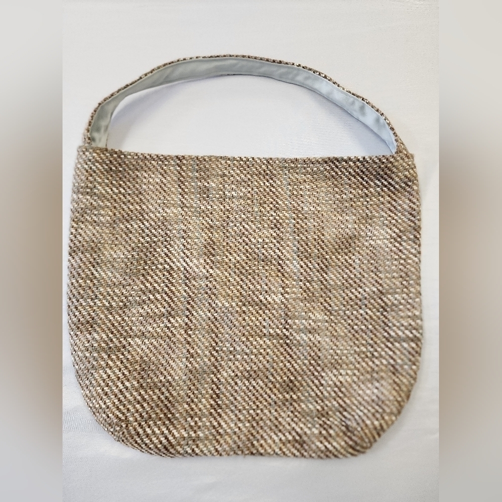 Brown Tweed Women's Bag with Floral Accent Gold Chain Link Closure Soft Cotton - Picture 3 of 8